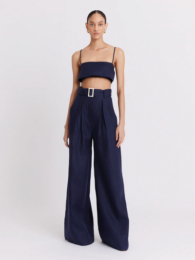 Wide Leg Pleated Pant-Navy Linen