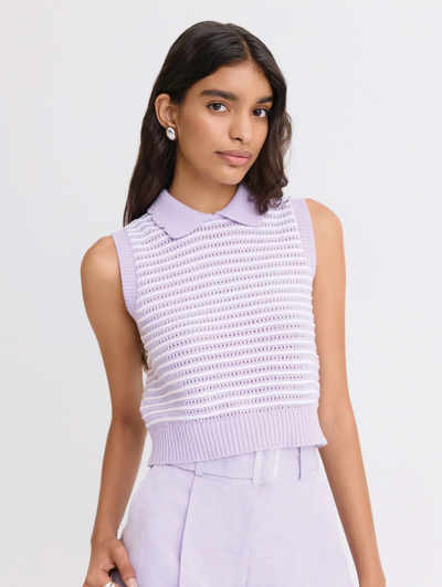 Striped Mesh Collared Tank Lavender