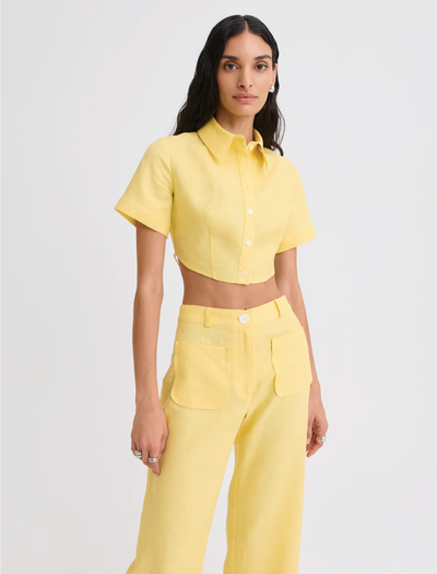 Cropped Yellow Linen Tie Back Button Up