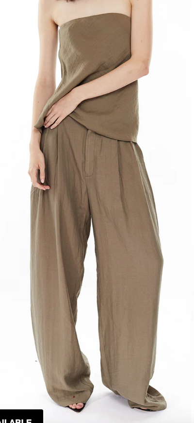 Hedi Mid Waist Tailored Linen Pants - Olive Green
