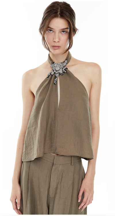 Mona Collar Top - Olive Green