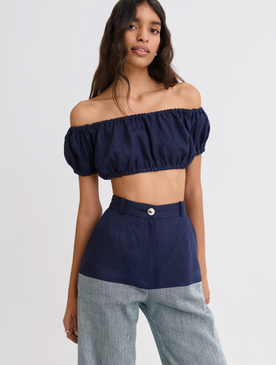 Bubble Navy Linen Crop Top