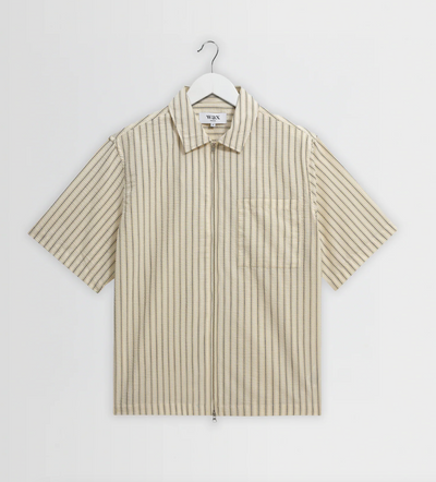 Sears - Natural And Navy Stripe Seersucker Zip Short-Sleeve Shirt