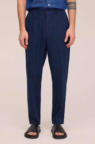 Billie - Drawstring Linen Regular Fit Pant - Navy