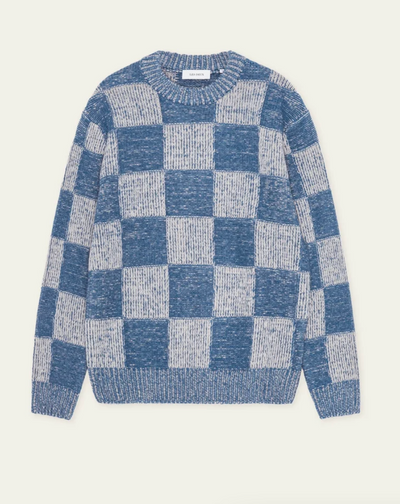 Check Knit Sweater in Dark Denim Blue