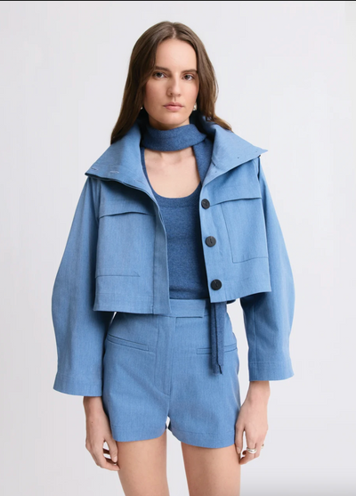 Funnel Neck Swing Jacket in Slate Blue Stretch Cotton