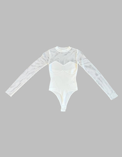Knit Long Sleeve Cupped Bodysuit-White