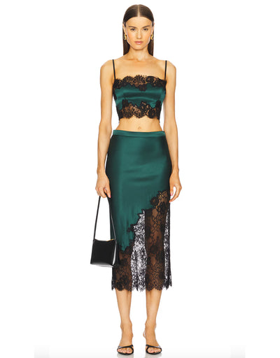 Silk and Chantilly Lace Skirt-Evergreen/Black