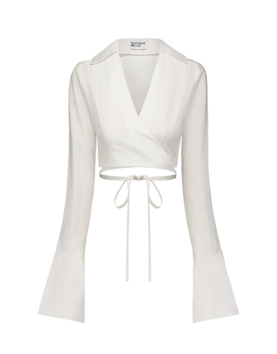 Long Sleeve Wrap Top - White Poplin
