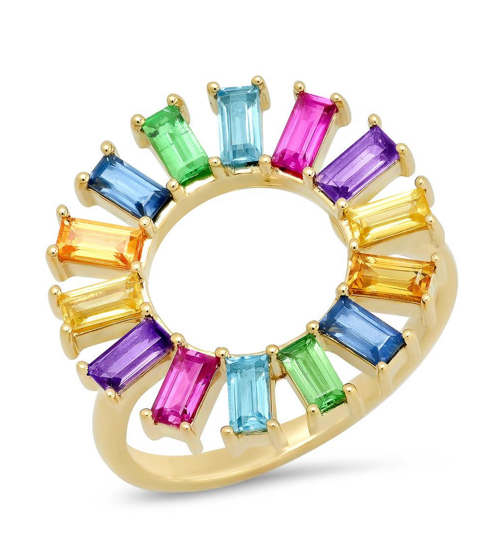 14k Yellow Gold Multi Colored Baguette Flower Ring