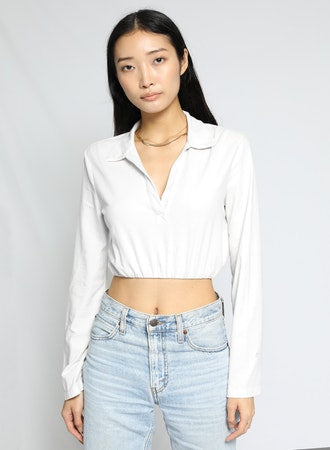 Sueded Jersey Bubble Cropped Long Sleeve Polo - White