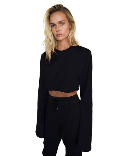 Sueded Jersey Bubble Cropped Long Sleeve - Black