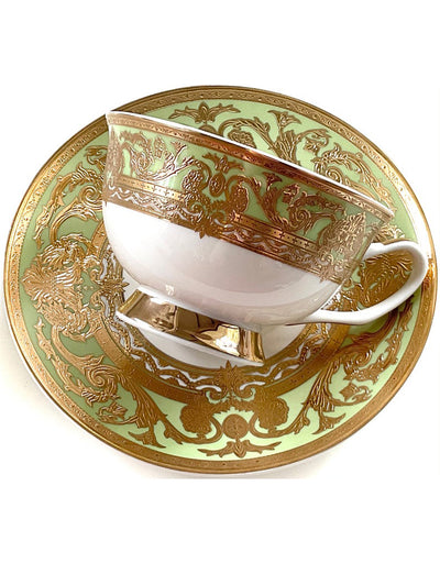 Light Green & Encrusted Gold Teacup & Saucer Set