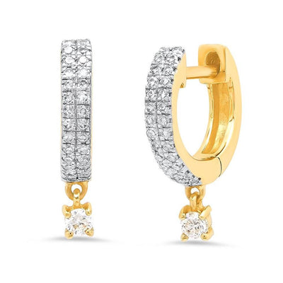 14K Yellow Gold Diamond Huggies with Round Diamond Drop