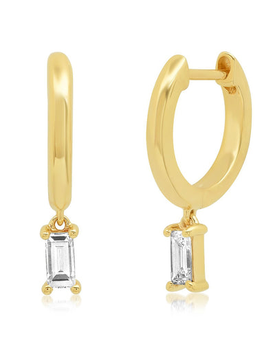 14K Yellow Gold Huggies w/ Diamond Baguette Drop